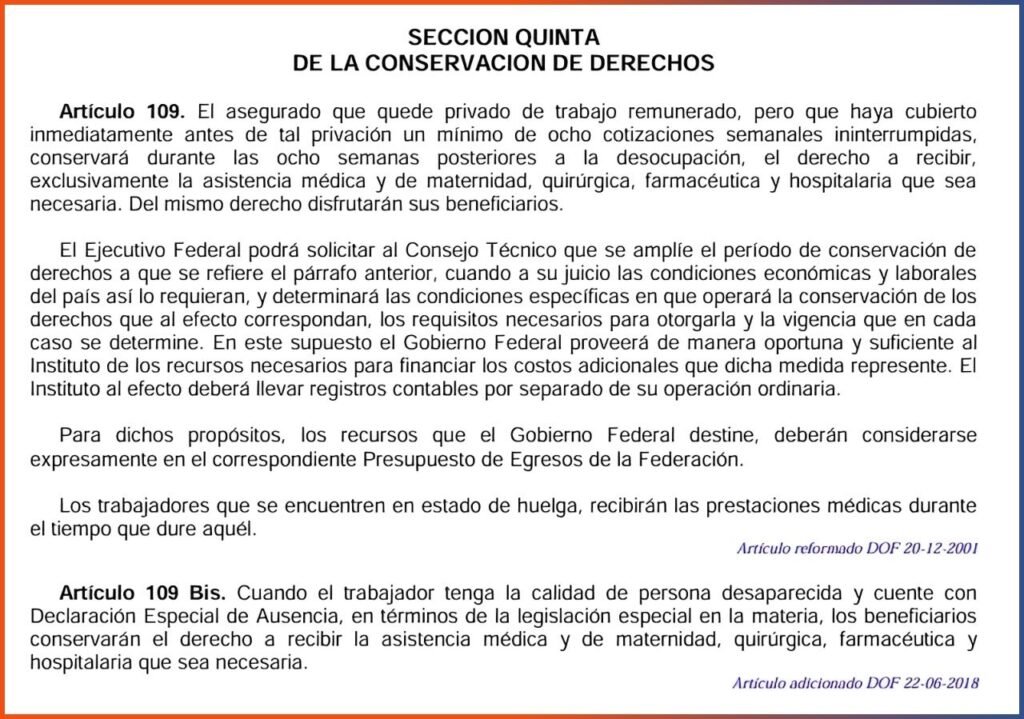 conservacion de derechos imss articulo 109
